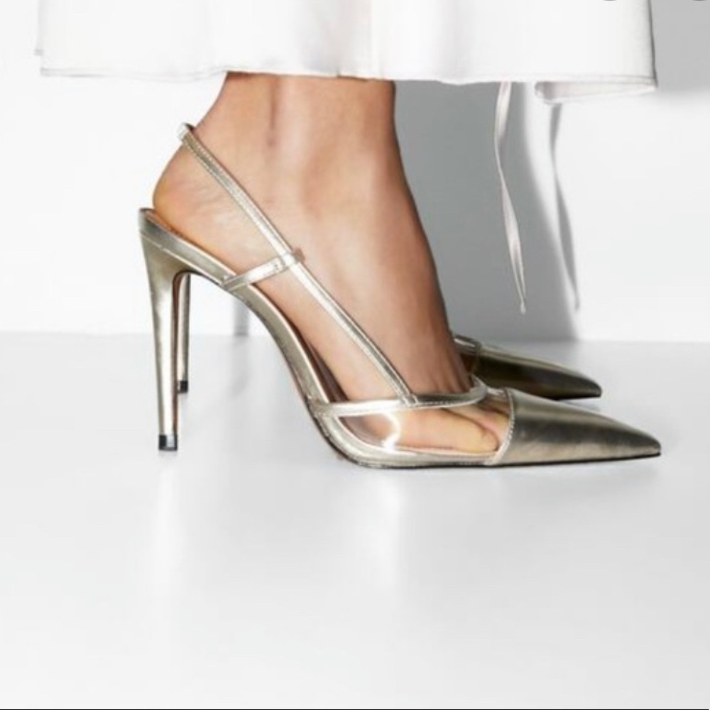 NWOT ZARA Gold Vinyl Slingback Heels